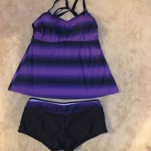 XL 2pc Purple & Black cross strapped top swimsuit